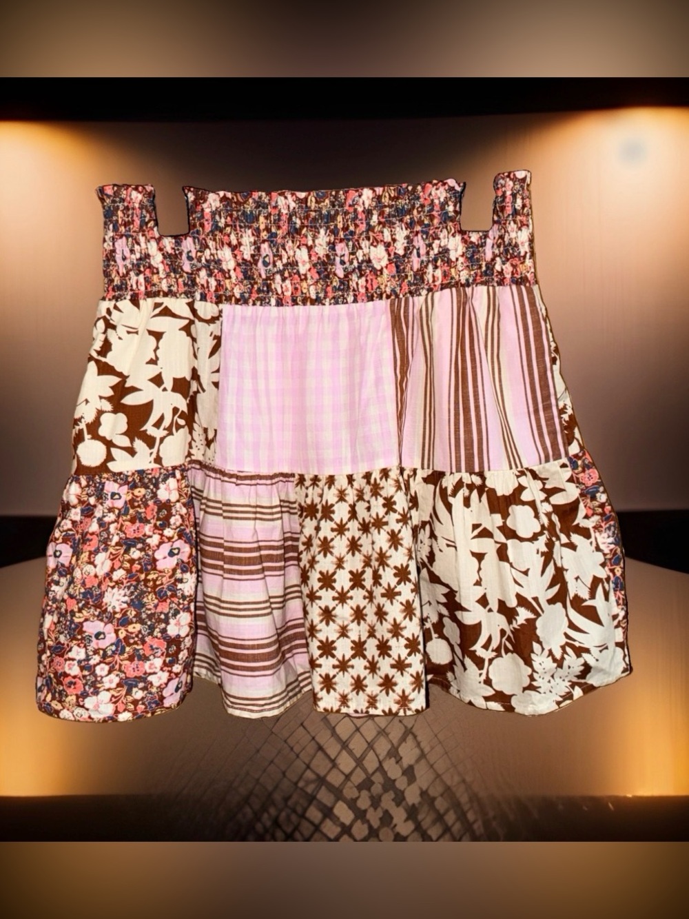 Universal Thread Pink and Brown Patchwork Smocked Mini Skirt-S-EC